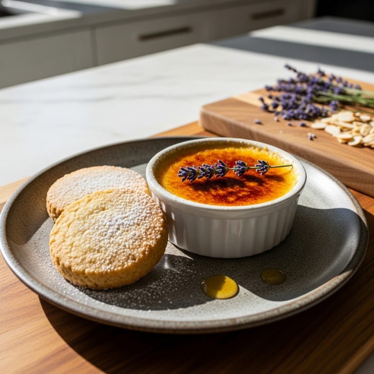 French Lavender Honey Crème Brûlée with Almond Shortbread Cookies